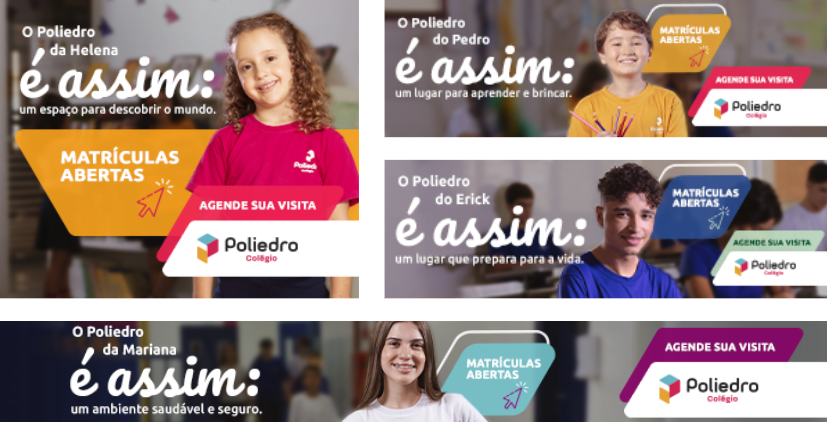 Peças da campanha O meu Poliedro é assim: com alunos Helen, Pedro, Erick e Mariana